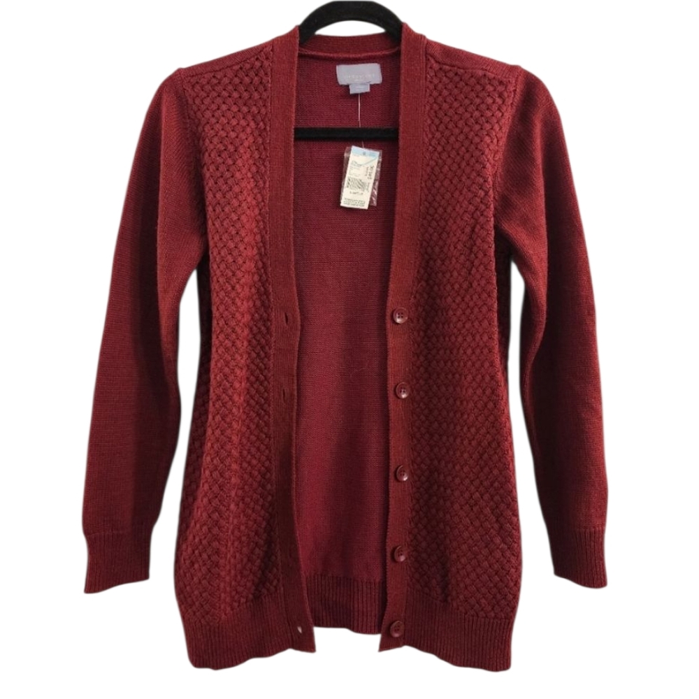 Laura Scott Maroon Red Cardigan Sweater with Knit Pattern